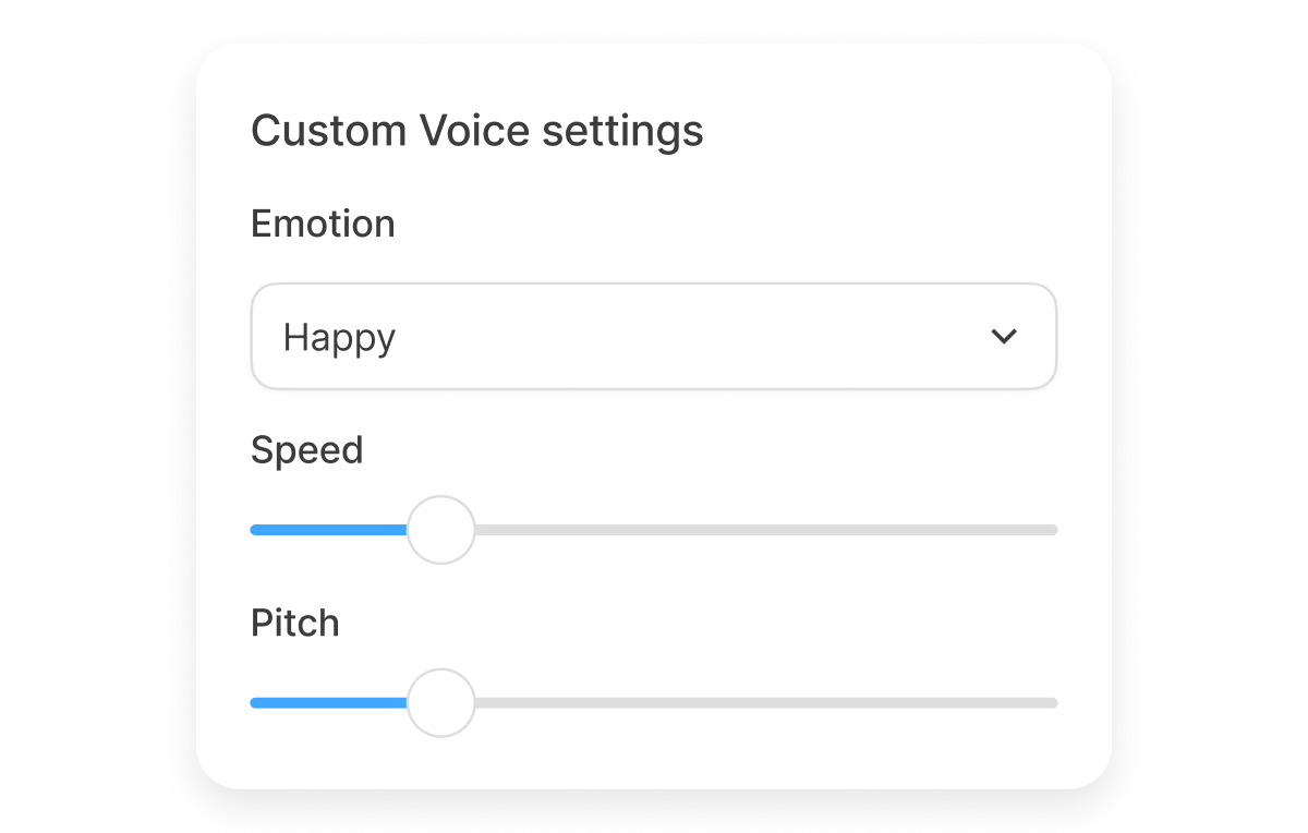 AI Voice Over customization with emotion, speed, and pitch control, letting you fine-tune your voice to match any video scene's tone.